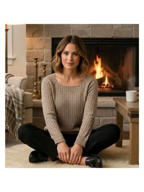 Calypso Christiane Celle Tan 100% Cable Knit Cashmere Sweater Size Large